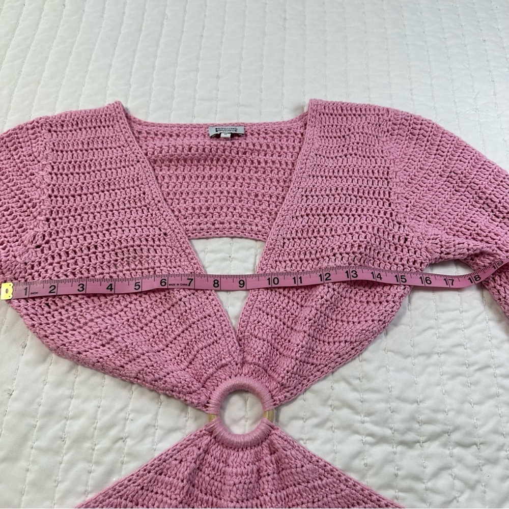 Beginning Boutique Long Sleeves Drawstrings Cut Out Pink Crochet Mini Dress - Picture 10 of 16